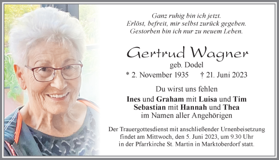 Traueranzeige von Gertrud Wagner von Allgäuer Zeitung, Marktoberdorf