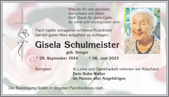 Traueranzeige von Gisela Schulmeister von Allgäuer Zeitung,Kempten