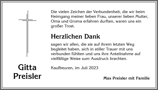 Traueranzeige von Gitta Preisler von Allgäuer Zeitung, Kaufbeuren/Buchloe