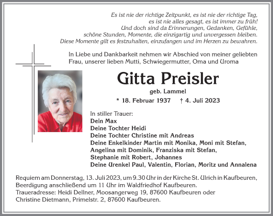 Traueranzeige von Gitta Preisler von Allgäuer Zeitung, Kaufbeuren/Buchloe