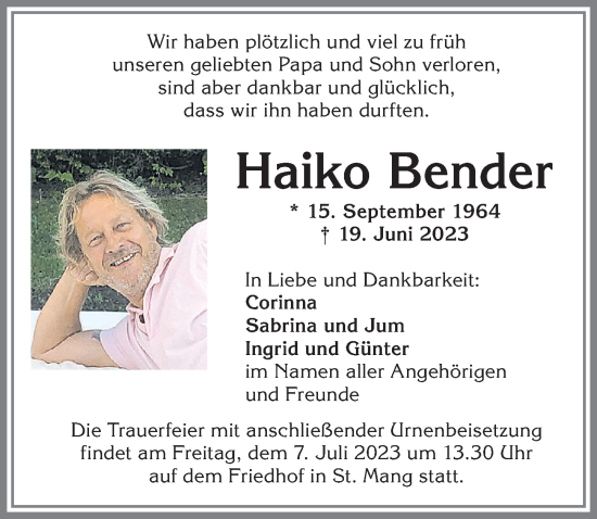 Traueranzeige von Haiko Bender von Allgäuer Zeitung,Kempten