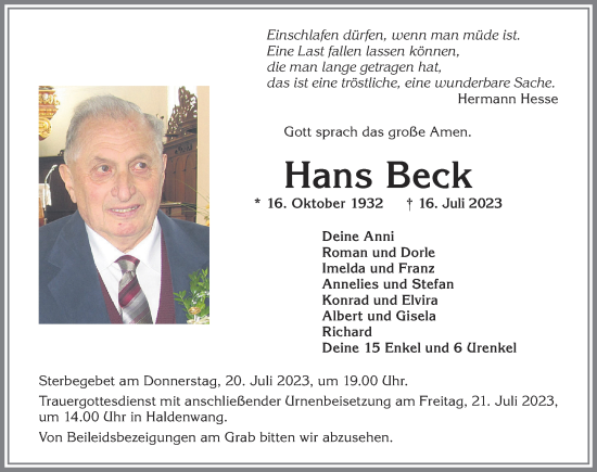 Traueranzeige von Hans Beck von Allgäuer Zeitung,Kempten
