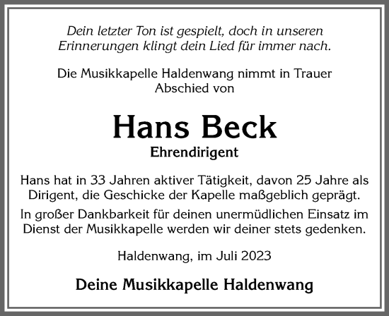 Traueranzeige von Hans Beck von Allgäuer Zeitung,Kempten