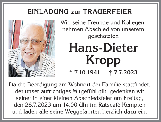 Traueranzeige von Hans-Dieter Kropp von Allgäuer Zeitung,Kempten