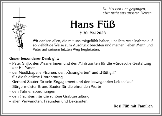 Traueranzeige von Hans Füß von Allgäuer Anzeigeblatt