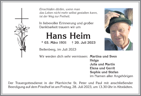 Traueranzeige von Hans Heim von Allgäuer Anzeigeblatt