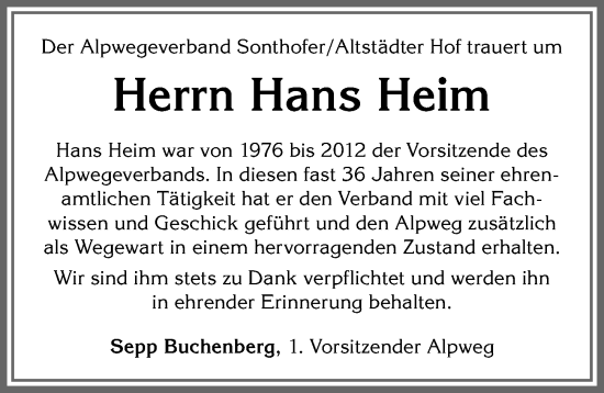 Traueranzeige von Hans Heim von Allgäuer Anzeigeblatt