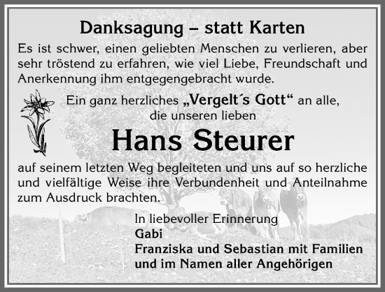 Traueranzeige von Hans Steurer von Allgäuer Zeitung, Kaufbeuren/Buchloe