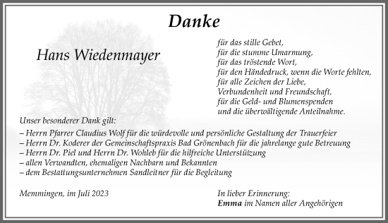 Traueranzeige von Hans Wiedenmayer von Memminger Zeitung