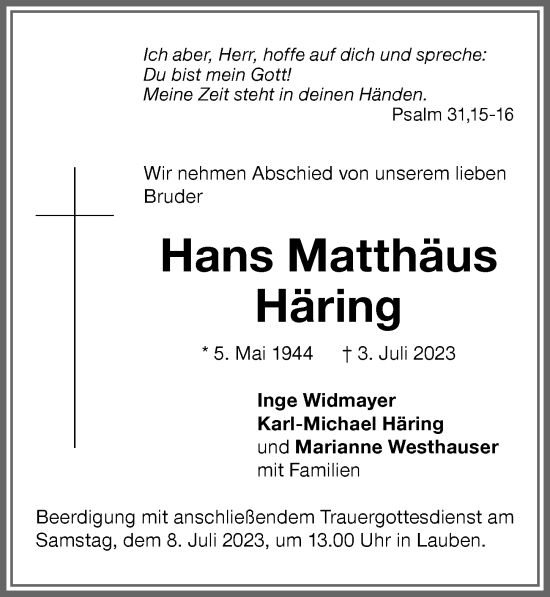 Traueranzeige von Hans Matthäus Häring von Memminger Zeitung
