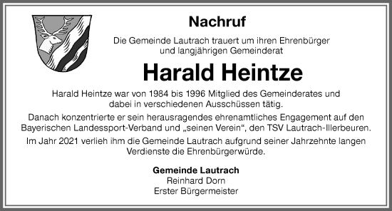 Traueranzeige von Harald Heintze von Memminger Zeitung