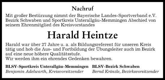 Traueranzeige von Harald Heintze von Memminger Zeitung