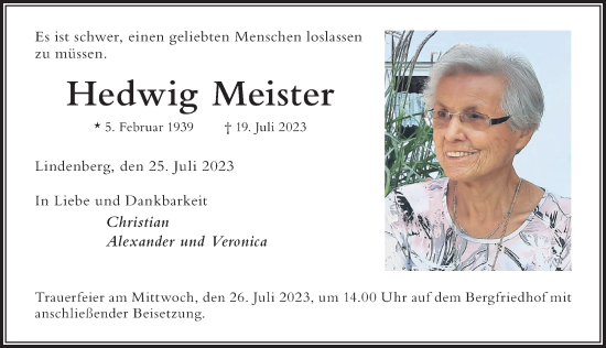 Traueranzeige von Hedwig Meister von Der Westallgäuer