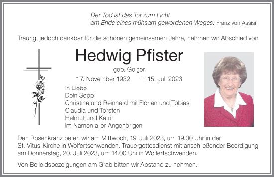 Traueranzeige von Hedwig Pfister von Memminger Zeitung