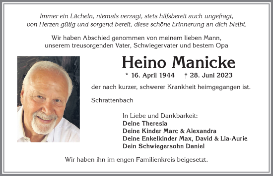 Traueranzeige von Heino Manicke von Allgäuer Zeitung,Kempten