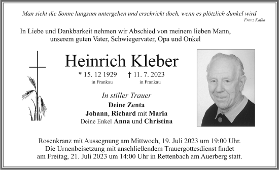Traueranzeige von Heinrich Kleber von Allgäuer Zeitung, Marktoberdorf