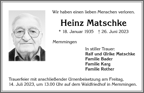 Traueranzeige von Heinz Matschke von Memminger Zeitung