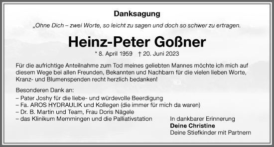 Traueranzeige von Heinz-Peter Goßner von Memminger Zeitung