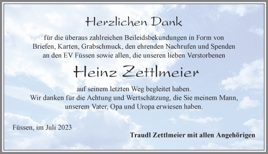 Traueranzeige von Heinz Zettlmeier von Allgäuer Zeitung, Füssen