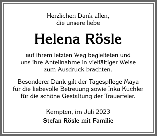 Traueranzeige von Helena Rösle von Allgäuer Zeitung,Kempten