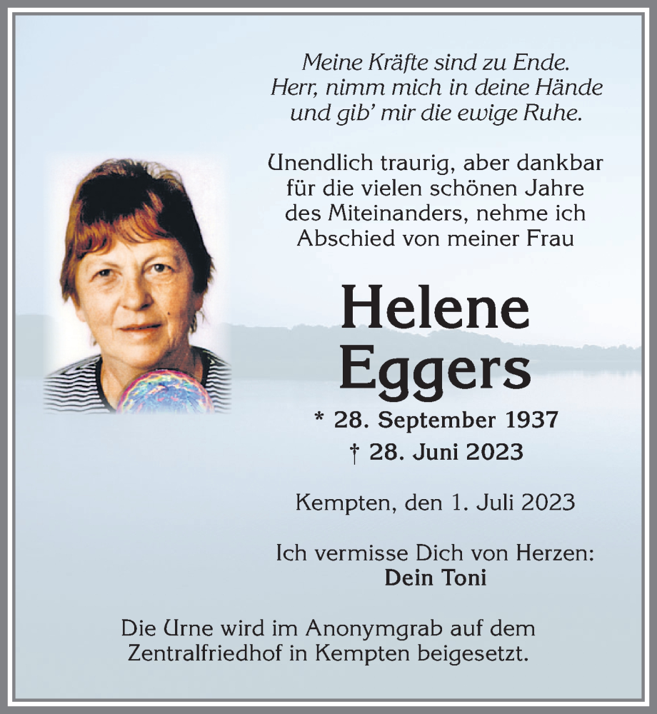  Traueranzeige für Helene Eggers vom 01.07.2023 aus Allgäuer Zeitung,Kempten