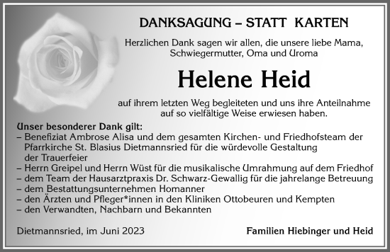 Traueranzeige von Helene Heid von Allgäuer Zeitung,Kempten
