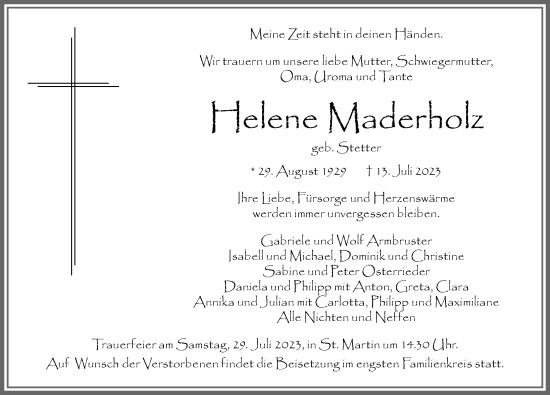 Traueranzeige von Helene Maderholz von Memminger Zeitung
