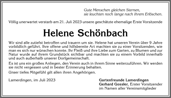 Traueranzeige von Helene Schönbach von Allgäuer Zeitung, Kaufbeuren/Buchloe