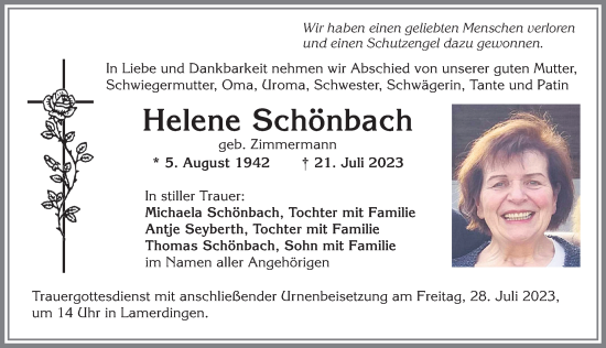 Traueranzeige von Helene Schönbach von Allgäuer Zeitung, Kaufbeuren/Buchloe