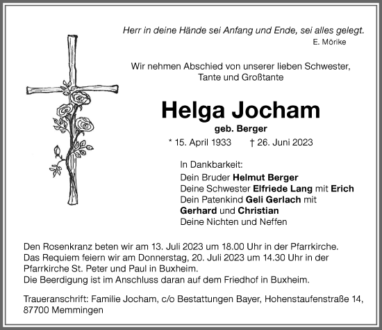 Traueranzeige von Helga Jocham von Memminger Zeitung