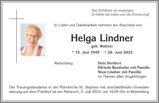Traueranzeige von Helga Lindner von Allgäuer Anzeigeblatt