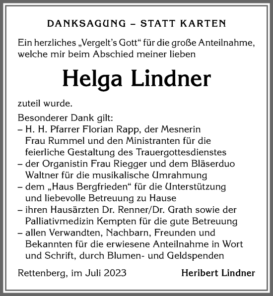 Traueranzeige von Helga Lindner von Allgäuer Anzeigeblatt