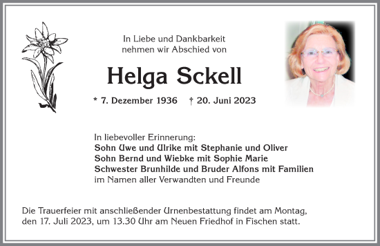 Traueranzeige von Helga Sckell von Allgäuer Anzeigeblatt