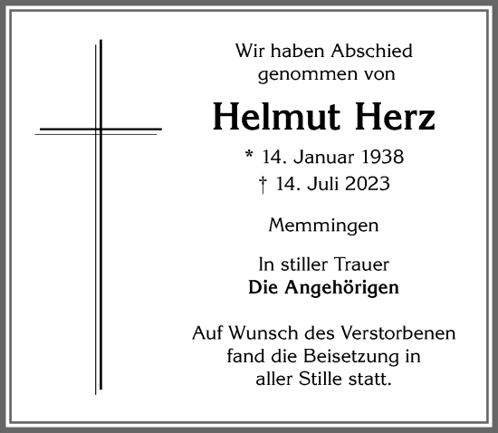 Traueranzeige von Helmut Herz von Memminger Zeitung