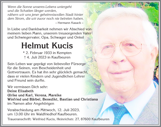 Traueranzeige von Helmut Kucis von Allgäuer Zeitung, Kaufbeuren/Buchloe