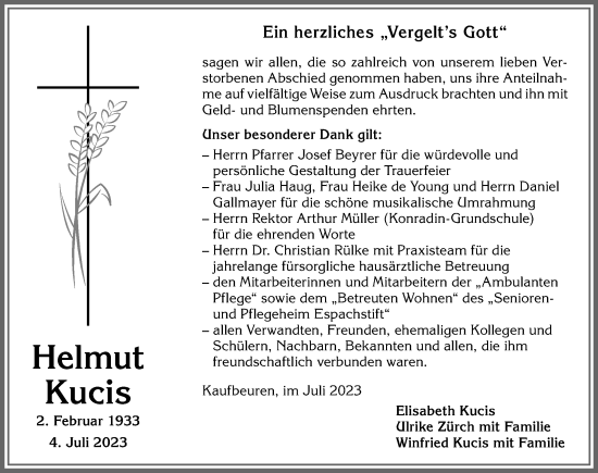 Traueranzeige von Helmut Kucis von Allgäuer Zeitung, Kaufbeuren/Buchloe