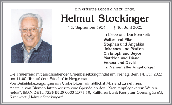 Traueranzeige von Helmut Stockinger von Allgäuer Zeitung,Kempten