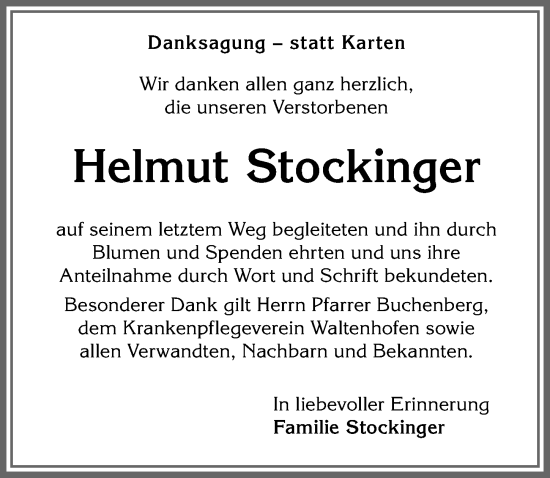 Traueranzeige von Helmut Stockinger von Allgäuer Zeitung,Kempten