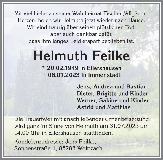 Traueranzeige von Helmuth Feilke von Allgäuer Anzeigeblatt