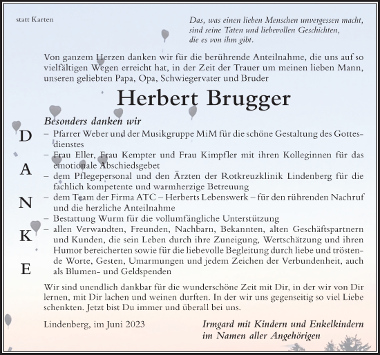 Traueranzeige von Herbert Brugger von Der Westallgäuer