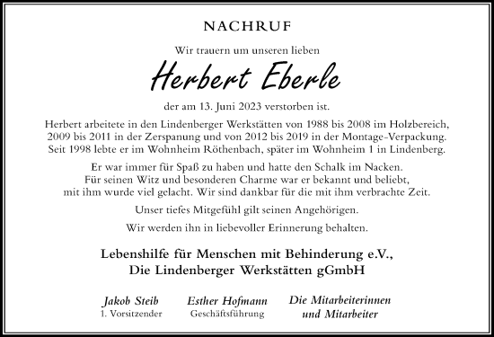 Traueranzeige von Herbert Eberle von Der Westallgäuer