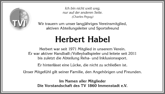Traueranzeige von Herbert Habel von Allgäuer Anzeigeblatt