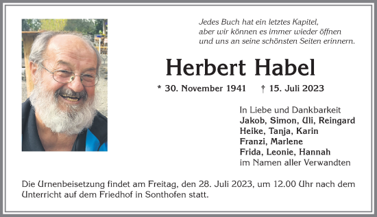 Traueranzeige von Herbert Habel von Allgäuer Anzeigeblatt