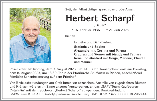 Traueranzeige von Herbert Scharpf von Allgäuer Zeitung, Marktoberdorf