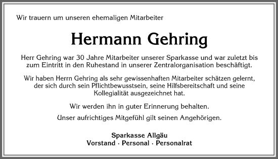 Traueranzeige von Hermann Gehring von Allgäuer Zeitung,Kempten