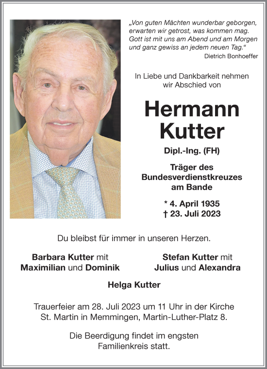 Traueranzeige von Hermann Kutter von Memminger Zeitung