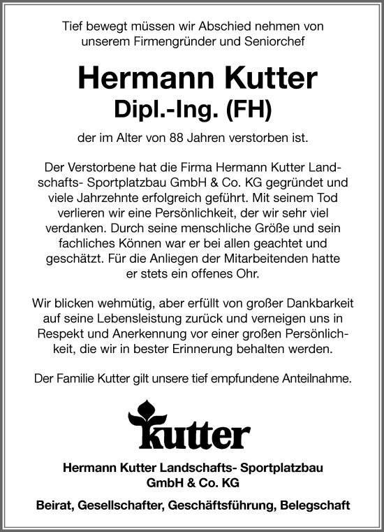 Traueranzeige von Hermann Kutter von Memminger Zeitung