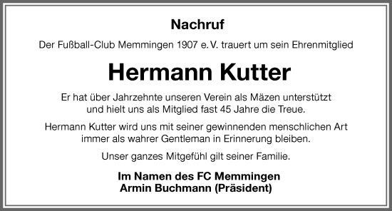 Traueranzeige von Hermann Kutter von Memminger Zeitung