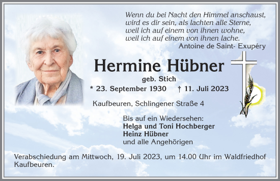 Traueranzeige von Hermine Hübner von Allgäuer Zeitung, Kaufbeuren/Buchloe