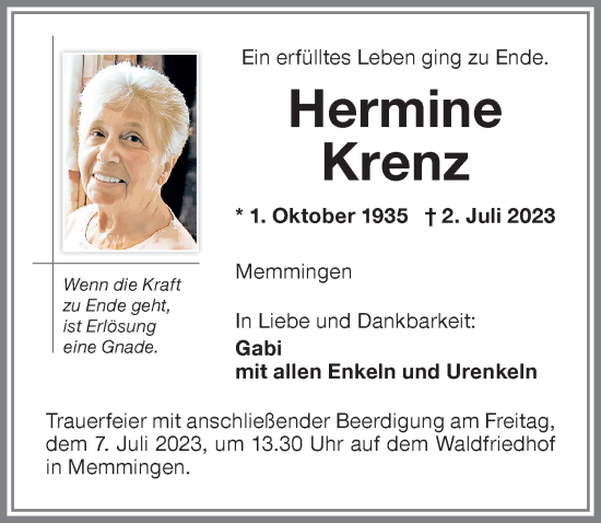 Traueranzeige von Hermine Krenz von Memminger Zeitung